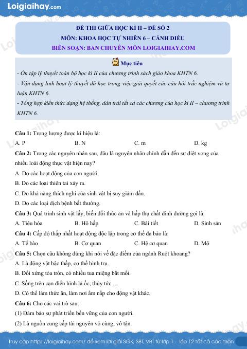 Đề thi giữa kì 2 KHTN 6 Cánh diều - Đề số 2